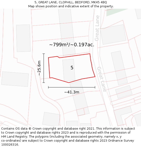 5, GREAT LANE, CLOPHILL, BEDFORD, MK45 4BQ: Plot and title map