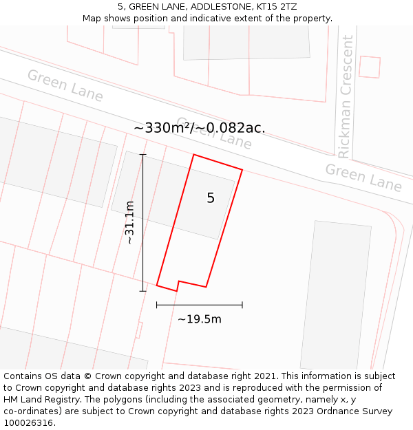 5, GREEN LANE, ADDLESTONE, KT15 2TZ: Plot and title map
