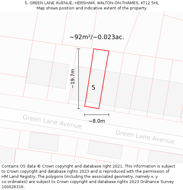 5, GREEN LANE AVENUE, HERSHAM, WALTON-ON-THAMES, KT12 5HL: Plot and title map