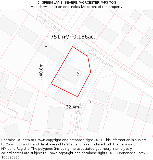 5, GREEN LANE, BEVERE, WORCESTER, WR3 7QG: Plot and title map