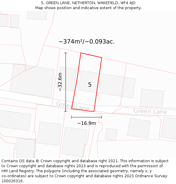 5, GREEN LANE, NETHERTON, WAKEFIELD, WF4 4JD: Plot and title map