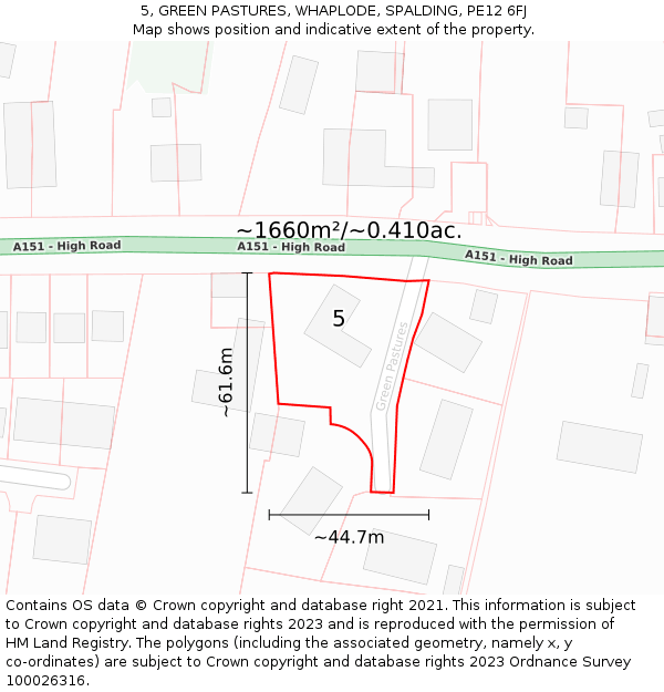 5, GREEN PASTURES, WHAPLODE, SPALDING, PE12 6FJ: Plot and title map