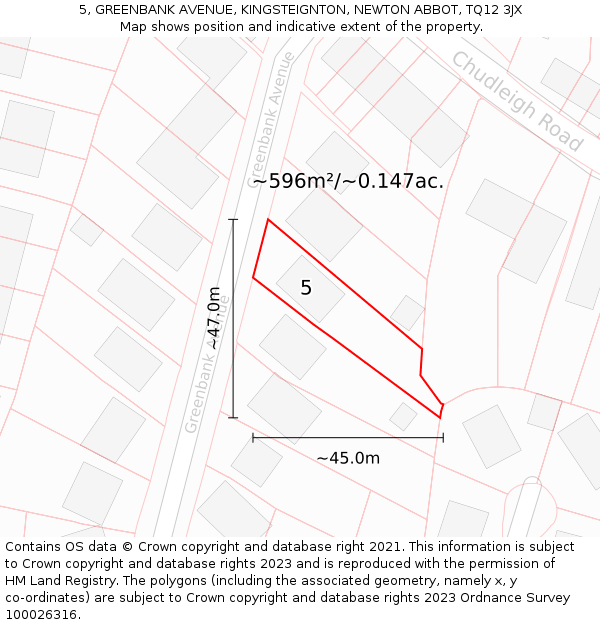 5, GREENBANK AVENUE, KINGSTEIGNTON, NEWTON ABBOT, TQ12 3JX: Plot and title map
