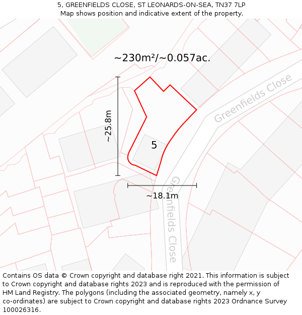 5, GREENFIELDS CLOSE, ST LEONARDS-ON-SEA, TN37 7LP: Plot and title map
