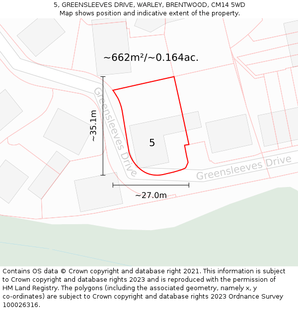 5, GREENSLEEVES DRIVE, WARLEY, BRENTWOOD, CM14 5WD: Plot and title map