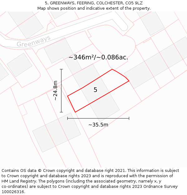 5, GREENWAYS, FEERING, COLCHESTER, CO5 9LZ: Plot and title map