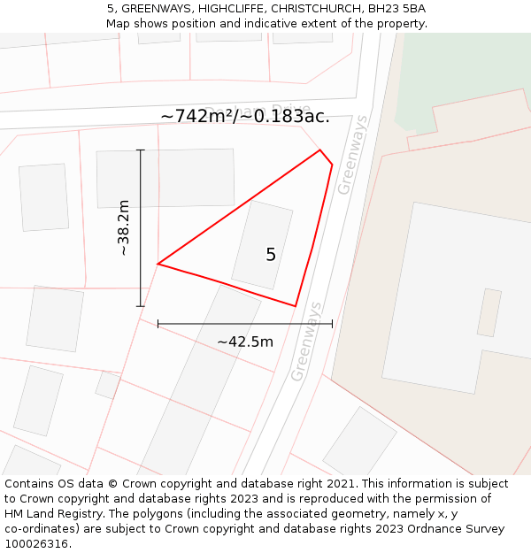 5, GREENWAYS, HIGHCLIFFE, CHRISTCHURCH, BH23 5BA: Plot and title map