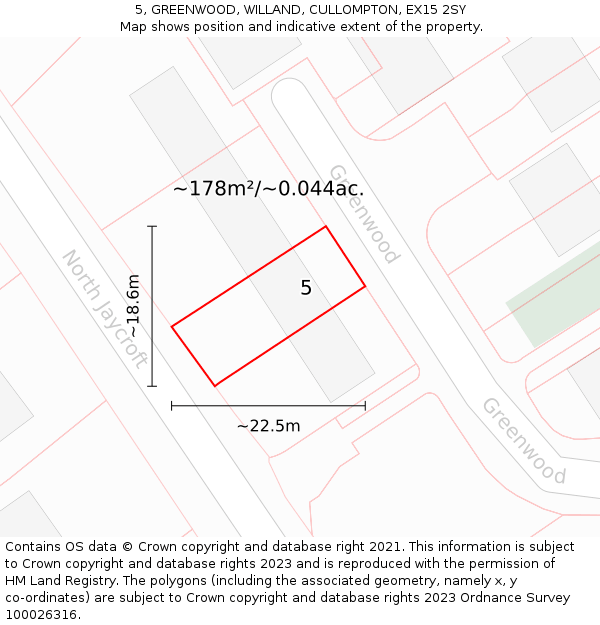 5, GREENWOOD, WILLAND, CULLOMPTON, EX15 2SY: Plot and title map