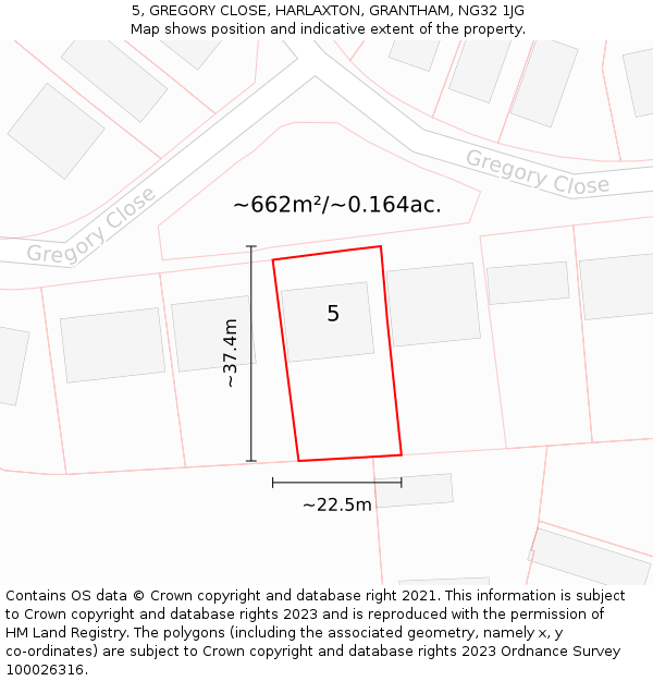 5, GREGORY CLOSE, HARLAXTON, GRANTHAM, NG32 1JG: Plot and title map