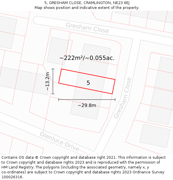 5, GRESHAM CLOSE, CRAMLINGTON, NE23 6EJ: Plot and title map