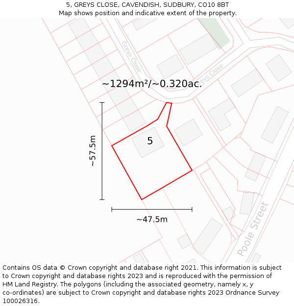 5, GREYS CLOSE, CAVENDISH, SUDBURY, CO10 8BT: Plot and title map