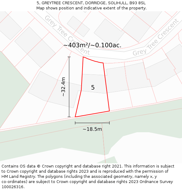 5, GREYTREE CRESCENT, DORRIDGE, SOLIHULL, B93 8SL: Plot and title map