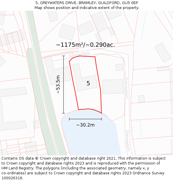 5, GREYWATERS DRIVE, BRAMLEY, GUILDFORD, GU5 0EP: Plot and title map