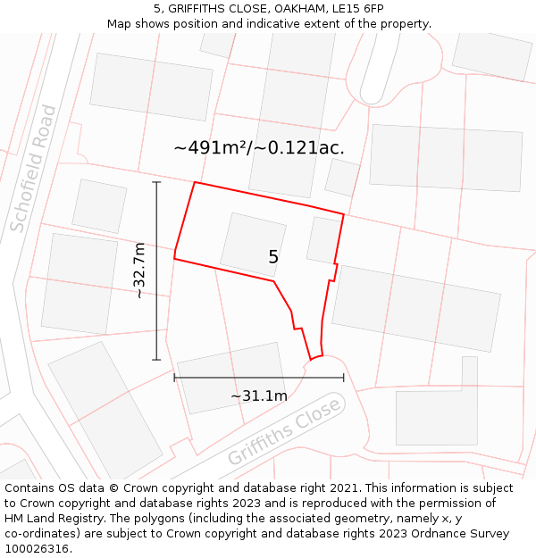 5, GRIFFITHS CLOSE, OAKHAM, LE15 6FP: Plot and title map