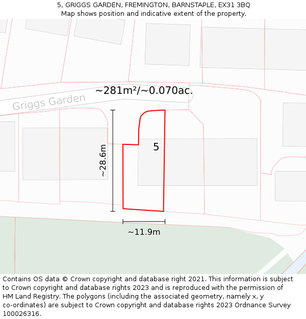 5, GRIGGS GARDEN, FREMINGTON, BARNSTAPLE, EX31 3BQ: Plot and title map