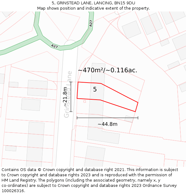 5, GRINSTEAD LANE, LANCING, BN15 9DU: Plot and title map