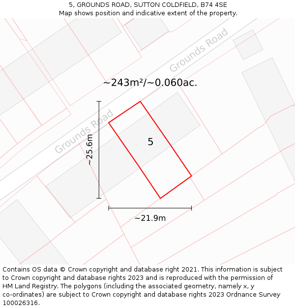 5, GROUNDS ROAD, SUTTON COLDFIELD, B74 4SE: Plot and title map