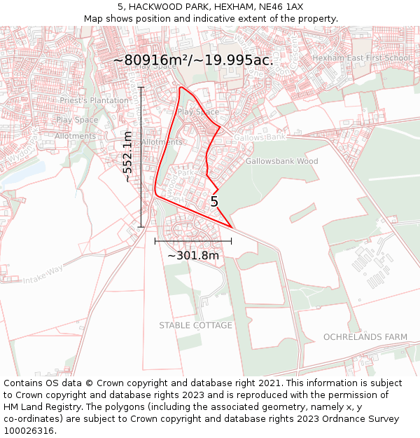 5, HACKWOOD PARK, HEXHAM, NE46 1AX: Plot and title map