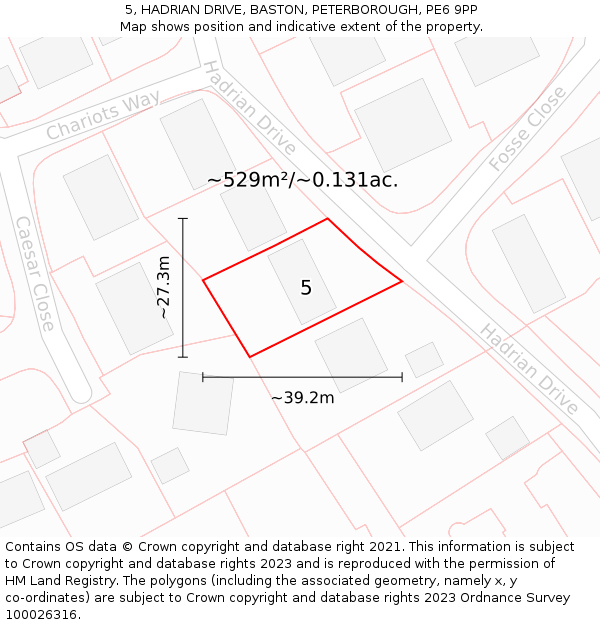 5, HADRIAN DRIVE, BASTON, PETERBOROUGH, PE6 9PP: Plot and title map