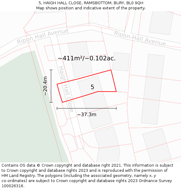5, HAIGH HALL CLOSE, RAMSBOTTOM, BURY, BL0 9QH: Plot and title map