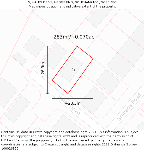 5, HALES DRIVE, HEDGE END, SOUTHAMPTON, SO30 4EQ: Plot and title map