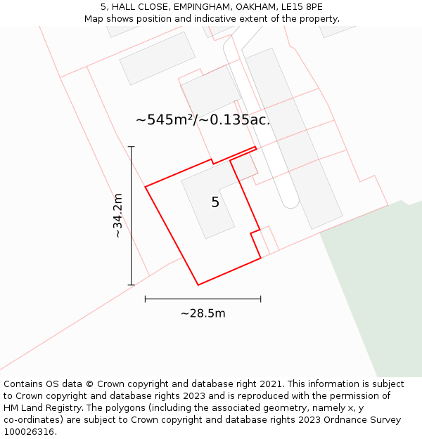 5, HALL CLOSE, EMPINGHAM, OAKHAM, LE15 8PE: Plot and title map