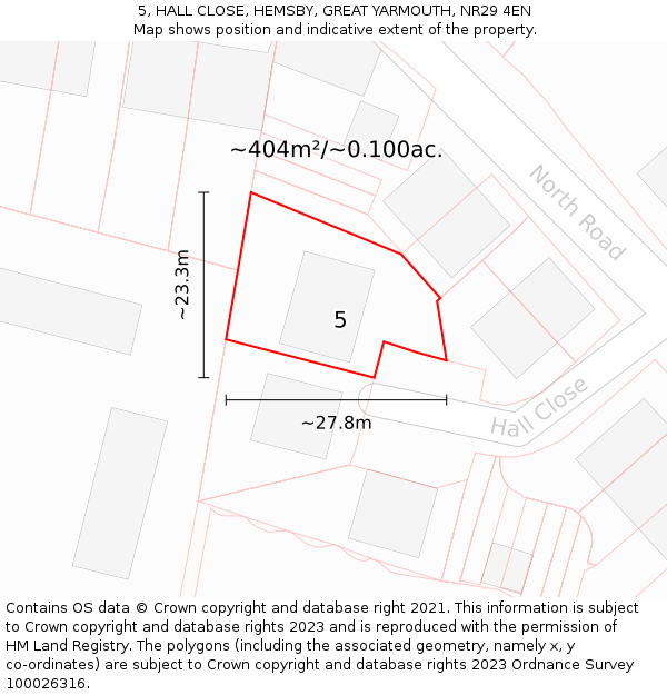 5, HALL CLOSE, HEMSBY, GREAT YARMOUTH, NR29 4EN: Plot and title map