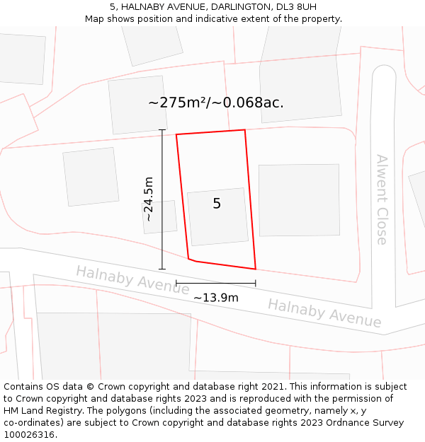 5, HALNABY AVENUE, DARLINGTON, DL3 8UH: Plot and title map
