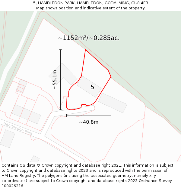 5, HAMBLEDON PARK, HAMBLEDON, GODALMING, GU8 4ER: Plot and title map
