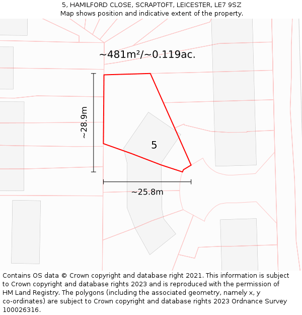 5, HAMILFORD CLOSE, SCRAPTOFT, LEICESTER, LE7 9SZ: Plot and title map