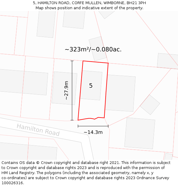 5, HAMILTON ROAD, CORFE MULLEN, WIMBORNE, BH21 3PH: Plot and title map