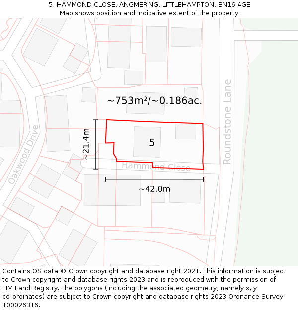 5, HAMMOND CLOSE, ANGMERING, LITTLEHAMPTON, BN16 4GE: Plot and title map