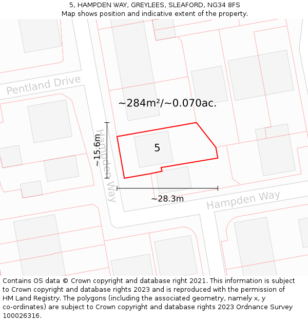 5, HAMPDEN WAY, GREYLEES, SLEAFORD, NG34 8FS: Plot and title map
