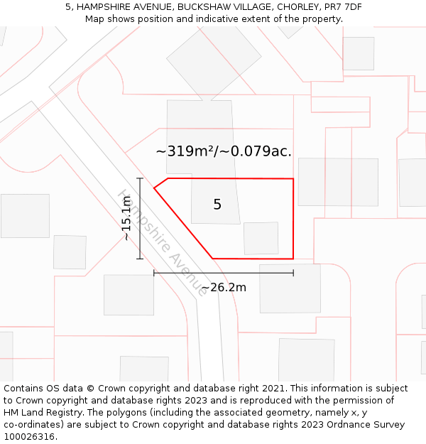 5, HAMPSHIRE AVENUE, BUCKSHAW VILLAGE, CHORLEY, PR7 7DF: Plot and title map