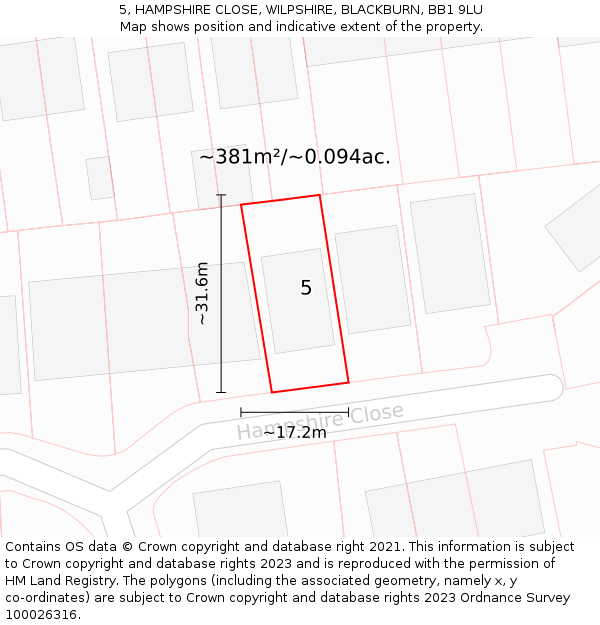 5, HAMPSHIRE CLOSE, WILPSHIRE, BLACKBURN, BB1 9LU: Plot and title map
