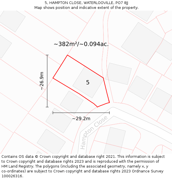 5, HAMPTON CLOSE, WATERLOOVILLE, PO7 8JJ: Plot and title map
