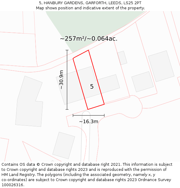 5, HANBURY GARDENS, GARFORTH, LEEDS, LS25 2PT: Plot and title map