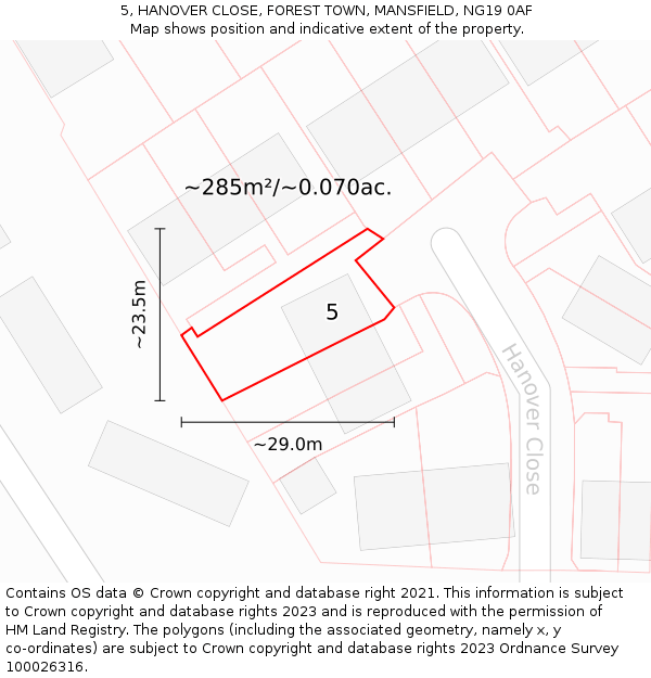 5, HANOVER CLOSE, FOREST TOWN, MANSFIELD, NG19 0AF: Plot and title map
