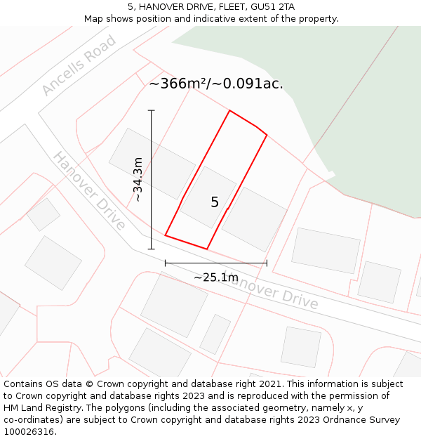 5, HANOVER DRIVE, FLEET, GU51 2TA: Plot and title map