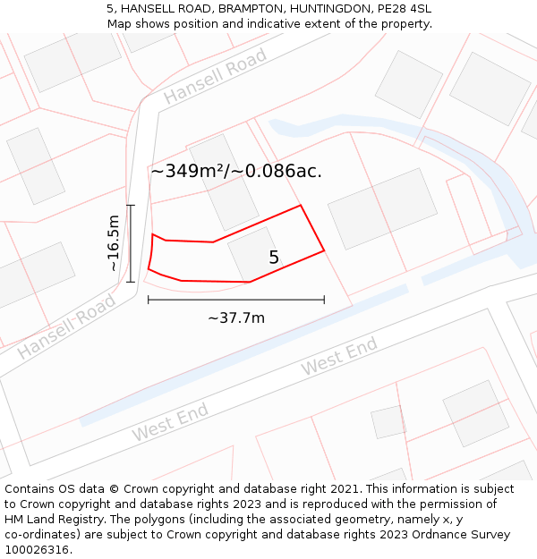 5, HANSELL ROAD, BRAMPTON, HUNTINGDON, PE28 4SL: Plot and title map