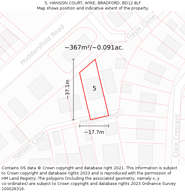 5, HANSON COURT, WYKE, BRADFORD, BD12 8LF: Plot and title map