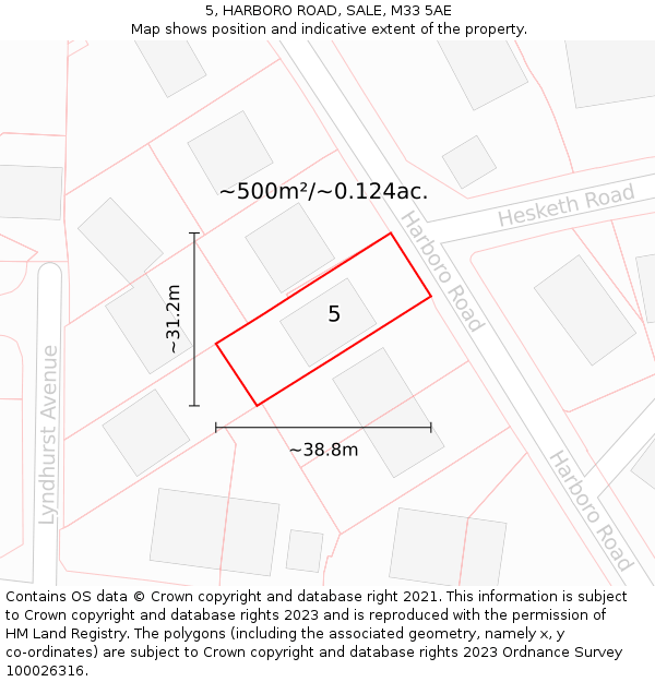 5, HARBORO ROAD, SALE, M33 5AE: Plot and title map
