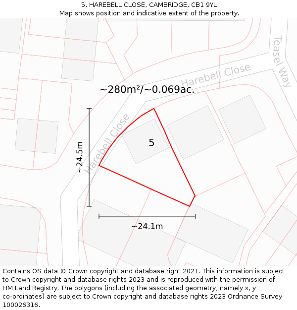 5, HAREBELL CLOSE, CAMBRIDGE, CB1 9YL: Plot and title map