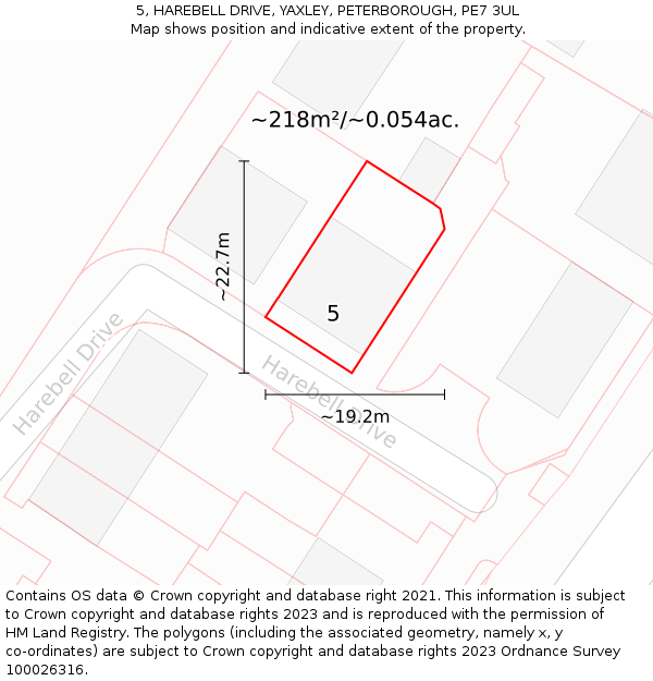 5, HAREBELL DRIVE, YAXLEY, PETERBOROUGH, PE7 3UL: Plot and title map