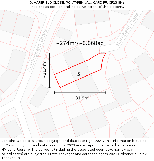 5, HAREFIELD CLOSE, PONTPRENNAU, CARDIFF, CF23 8NY: Plot and title map