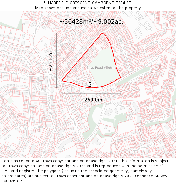 5, HAREFIELD CRESCENT, CAMBORNE, TR14 8TL: Plot and title map