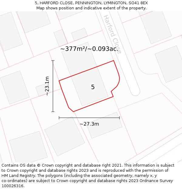 5, HARFORD CLOSE, PENNINGTON, LYMINGTON, SO41 8EX: Plot and title map