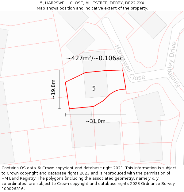 5, HARPSWELL CLOSE, ALLESTREE, DERBY, DE22 2XX: Plot and title map