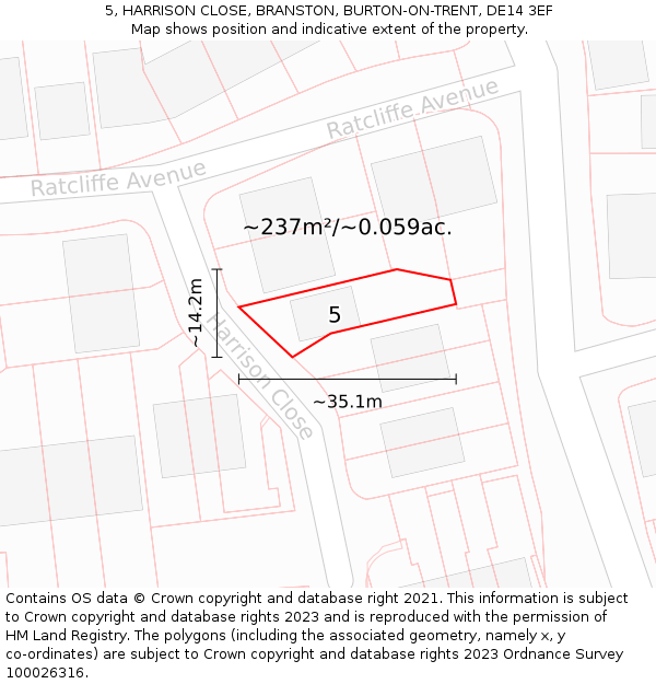 5, HARRISON CLOSE, BRANSTON, BURTON-ON-TRENT, DE14 3EF: Plot and title map