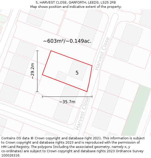 5, HARVEST CLOSE, GARFORTH, LEEDS, LS25 2FB: Plot and title map